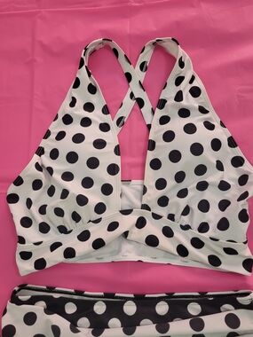 Black and White Polka Dot Swim Suit - Cross Back Top